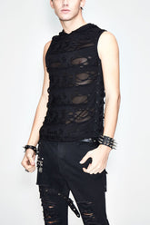 Black Sleeveless Ripped Side Ribbons Lace-Up Hooded Men's Punk T-Shirt